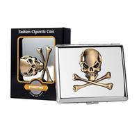 Classic Vintage Raised Skull Metal Women's Men's Portable Cigarette Case, Holds 18-20 100mm Cigarettes,RFID Credit Card Wallet (20pcs 100's, Skull Silver)