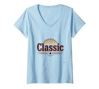 Classic Vintage Retro Sunburst Typography V-Neck T-Shirt, Women, Baby Blue, L