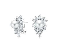 Classic Vintage Style Cocktail Bridal Wedding Party Halo Leaf AAA CZ Marquise White Simulated Pearl Stud Earrings For Women For Wedding Omega Back Silver Plated