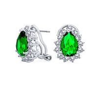 Classic Vintage Style Cocktail Wedding Party Green Emerald Simulated AAA CZ Halo Pear Shaped Teardrop Stud Earrings For Women Omega Back Silver Plated