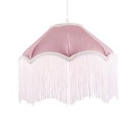 Classic Vintage Victorian Shape Pendant Light Shade in Blush Pink Soft Velvet | Ivory White Embroidered Trims | 35cm Diameter by Happy Homewares