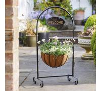 Classic Welcome Planter with Steel Frame, Hanging Sign, 36cm Basket & Liner - Indoor Outdoor Home Garden Plant Pot Decoration for Doorway, Entrance, Patio, Decking, Pathway, Yard - H92 x W46 x D36cm