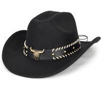 Classic-Western-Cowboy-Hat for Women Men Wide-Brim Felt-Cowgirl-Fedora-Jazz-Hat with Bull Band