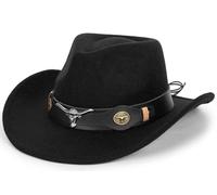 Classic-Western-Cowboy-Hat for Women Men Wide-Brim Felt-Cowgirl-Fedora-Jazz-Hat with Bull Band Black