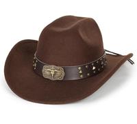 Classic-Western-Cowboy-Hat for Women Men Wide-Brim Felt-Cowgirl-Fedora-Jazz-Hat with Bull Band Brown
