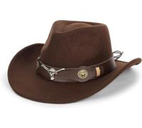 Classic-Western-Cowboy-Hat for Women Men Wide-Brim Felt-Cowgirl-Fedora-Jazz-Hat with Bull Band Coffee