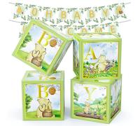 Classic Winnie Baby Boxes for Baby Shower Birthday Party Decorations - with Banners, Winnie Theme 1st Birthday Centerpiece Decor, Vintage Pooh Bear Baby Shower Supplies Blocks, Gender Reveal Backdrop