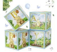 Classic Winnie Baby Shower Boxes Blue for Newborn Baby Boy Girl, Vintage Winnie Bear First 1st Birthday Party Decorations the Pooh Theme Box Block Supplies for Kids Cake Smash Photography Favor Props