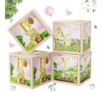 Classic Winnie Baby Shower Boxes Pink for Newborn Baby Girl Boy, Vintage Winnie Bear First 1st Birthday Party Decorations the Pooh Theme Box Block Supplies for Kids Cake Smash Photography Favor Props