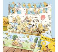 Classic Winnie Baby Shower Decorations Kit, All-in-1 Vintage Winnie Party Supplies Decorations, Classic The Pooh Backdrop Cake Topper, Winnie Baby Tablecloth Honeycomb Decorations for Baby Shower