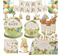 Classic Winnie Bear Baby Shower Decorations Plates Set, Neutral Vintage Pooh Oh Baby Plates Napkins Cups Forks Balloons Cake Cupcake Toppers Banner Swirls Tablecloth for 25 Guests Gender Reveal