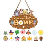 Classic Winnie Welcome Sign for Door Decor, the Pooh Welcome to Our Home Sign with Interchangeable Holiday Sign, Welcome Door Sign for Home Farmhouse Decor, Perfect for Housewarming Gift