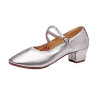 Classic Women's Block Heel Elegant Dance Shoes Wedding Shoes Buckle Design Comfortable Ballet Flats Traditional Costume Shoes for Everyday Leisure, silver, 10 UK