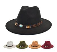 Classic Wool Blend Fedora Hat Elegant Fedora Hat with Belt Wide Brim Flat Church Derby Cap Panama Caps Panama Style Bowler Cap for Women Men Felt Pork Pie Hat Clearance 2#_Boho-Beaded_Black