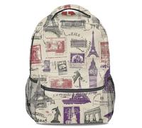 Classic World Landmarks Retro Travel Print Backpack, Unisex Vintage Style Rucksack, Eiffel Tower Stamp Pattern Casual Travel Daypack