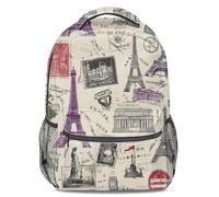 Classic World Landmarks Retro Travel Print Backpack, Unisex Vintage Style Rucksack, Eiffel Tower Stamp Pattern Casual Travel Daypack (print 1)