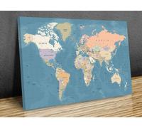 classic world map countries capitals mounted canvas print ready to hang, 40x26in 101cm x66cm