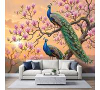 Classical Asian 3D Effect Photo Mural 200W x 140H cm, Premium Traditional Country Nature Floral Peacock Non-Woven Mural Wallpaper for Lounge Playroom Bedroom Nursery - Panoramic Teal Wall Art Decor