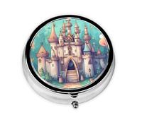 Classical Castle A Round Mini Pillbox with Three Compartments for Storing Vitamins, Fish Oil, and Nutritional Supplements.