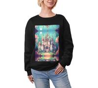 Classical castle M Women's Fleece Crew-neck Hoodie Women's loose-fit crew neck sweatshirt Black