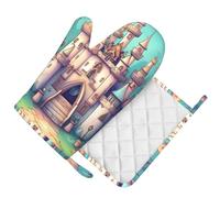 Classical castle Oven Mitt with Silicone Grip-Heat Resistant Right Hand Glove and Pot Holder Set, Non-Slip Kitchen BBQ Mitts for Cooking Baking Grilling
