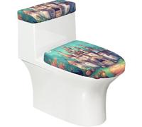 Classical Castle Toilet Lid Cover Set of 2-Stretchy Toilet Tank Cover for Bathroom Decor, Soft Elastic Toilet Seat Cover for U Shape Oval