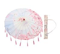 Classical Chinese Style Umbrella with Tassels for Photo Shoots 82cm | Wood Silk Cloth Polyester, Pink Floral Finish, One Set, Decorative Piece for Collections and Dance Displays