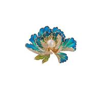 Classical enamel blue peony flower brooch, natural freshwater pearl, exquisite high-end Chinese style cheongsam Hanfu accessory pin Lovely and practical