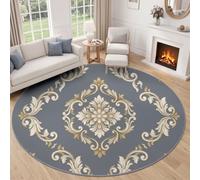 Classical European Rugs Living Room Round 120 cm, Geometric Vine Pattern Grey Washable Circle Area Rugs Bedroom Carpet Round Short Pile 7mm Thin Anti Slip for Dining Room Kids Room Hallway