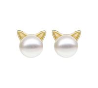 Classical Feline Earrings Copper Pearl Accents Dateless Necklace or Ear Studs Animal Lovers White Gold Studs