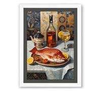 Classical Fish Feast Classic Framed Wall Art Print A2 (59.4×42cm) White, Wall Decor for Living Room, Bedroom, Office & Home, Ready to Hang, Art Gift