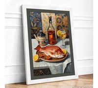 Classical Fish Feast Classic Framed Wall Art Print A4 (29.7×21cm) White, Wall Decor for Living Room, Bedroom, Office & Home, Ready to Hang, Art Gift