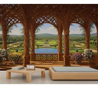 Classical Garden Mural European Wooden Arched Gazebo Wall Mural Green Forest Garden Wallpaper Romantic European Landscape Murals for Living Room Bedroom 430 x 300 cm
