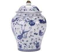 Classical Ginger Jar Blue And White Ceramic Koi Ginger With Lid Vase Style Storage Decorative