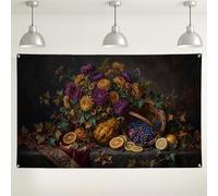 Classical Harvest Still Life Chrysanthemums Backdrop Banner 71x43 Inch | Oil Painting Style, Photo Backdrop, Woven Basket, Fresh Grapes, Citrus Slices, Moody Botanical, Harvest Theme, Rich Textures
