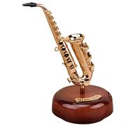 Classical Mini Saxophone Music Box, Gold-Plated Instrument Replica, Wooden Base Decor, 20 Cm Tall, Gift With Display Shelf Stand