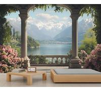 Classical Pavilion Mural Stone Columns and Arches Wallpaper Natural Landscape Wall Mural Art Decor Photo Nursery Bedroom Panoramic Accent Wallpaper (Non-self-Adhesive)