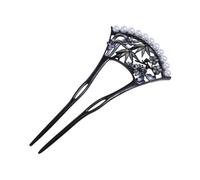 Classical Pearl Hollow Fan U-shaped Hairpin, Vintage Hollow Fan Design Classical Hair Stick Headdress(black)