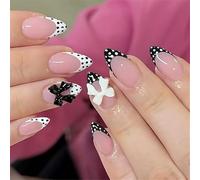 Classical Press on Artificial Nails Black White Dots Pattern French Pattern Bows Detailings ABS Elegant Pressed on for Women