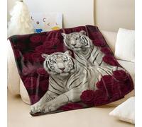 Classical Realistic Double White Tiger & Deep Red Rose Printed Flannel Blanket, Luxurious Cozy Home Decor (04,150x200cm)