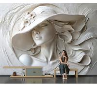 Classical Sculpture Wall Mural, Sculpture Beautiful Woman Wearing A Hat Photos Wallpapers Silk Wall Mural Interior Design Decor Wall Sticker for Bedroom Living Room Corridor, 300x210cm, Off White