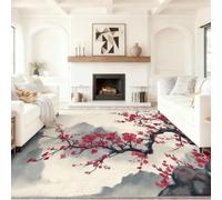 Classical Simple Style Living Room Non-slip Area Rugs 60 x 90 cm, Distant Mountains Mist Flowers Plum Blossom Print Carpet, Soft Touch Rug, Multicolour for Bedroom Home Office Dining Room Kitchen
