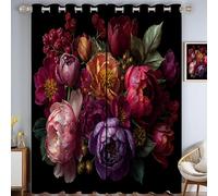 Classical Still Life Blackout Curtains for Bedroom Thermal Insulated Elegant And Luxurious Bouquets Drapes Dark Red Eyelet Curtain with Black Liner for Darkening Privacy Protection 2 Panels, 46"x54"