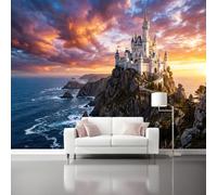 Classical Sunrise Clouds Decoration Photo Mural 400 x 280 cm | Coastal Rocks Ocean Castle Fantasy Non-woven Wallpaper for wall surfaces in various rooms Multicolour Wall Mural