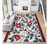 Classical William Morris Area Rug 80 x 150 cm Non Shedding Super Soft Easy Care Non Slip, Branches Red Flower Rugs Foldable, Comfortable Floor Mat for Living Room Dining Room Office bedroom