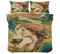Classical Woman Duvet Cover - Birds Floral Bedding - Parrot Leaf Bed Set King Size 3 Piece - Reversible Soft Microfiber Quilt Cover 2 Pillowcases, Zipper Closure & Corner Ties, 230x220 On744