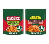 Classics Rigatoni Bolognese and Feasts Spicy Chorizo Fusilli Pasta Ready Meals, 2 Minutes, Serves 1, 250g Each, Free From Artificial Colours,2 Flavours,Pack Of 2