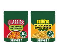 Classics Rigatoni Bolognese Pasta Ready Meal 250g,Feasts Cheesy Mac & Cheese Pasta Ready Meal 250g Vegetarian, Free From Artificial Colours and Preservatives,2 flavoursPack Of 2