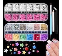 Classicseali 2 Boxes 3D Flowers Nail Art, Flowers Nail Charms, Multicolor Pearls Rhinestones for Nails Art Decorations with Pickup & Dotting Tools for Nails Art DIY, Salon Jewel Accessories