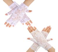 Classicseali 2 Pairs Lace Gloves,Floral Elegant White Fingerless Gloves Halloween Costume,Fingerlesses Laces Glove for Weddings, Proms, Tea Parties,Dinner Party,White